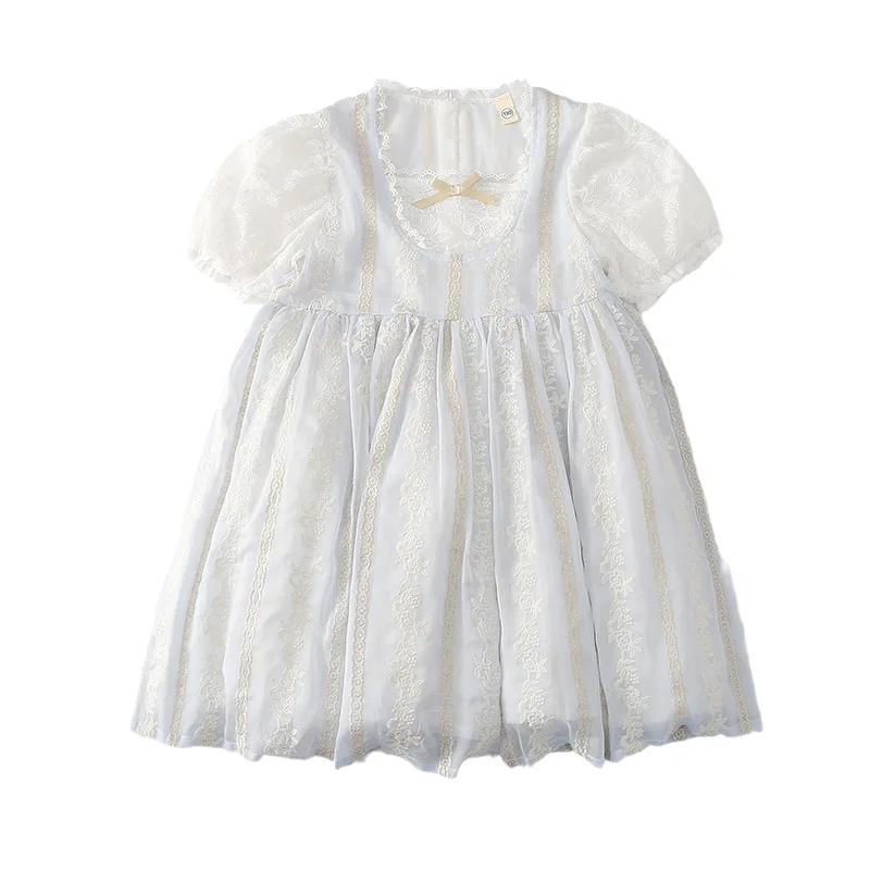 

Girl Clothes 2021 New Girls Summer Short-sleeved Princess Dress Korean Style Gold Embroidered Puff Sleeve Dress