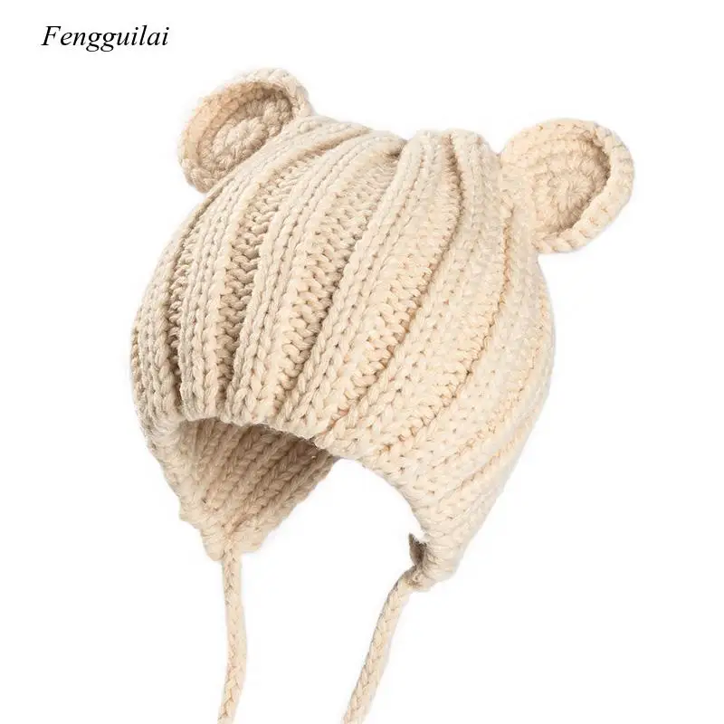 Knitted Winter Baby Hat with Ears Cartoon Lace-Up Children Kids Baby Bonnet Cap for 1-3 Years 5 Colors