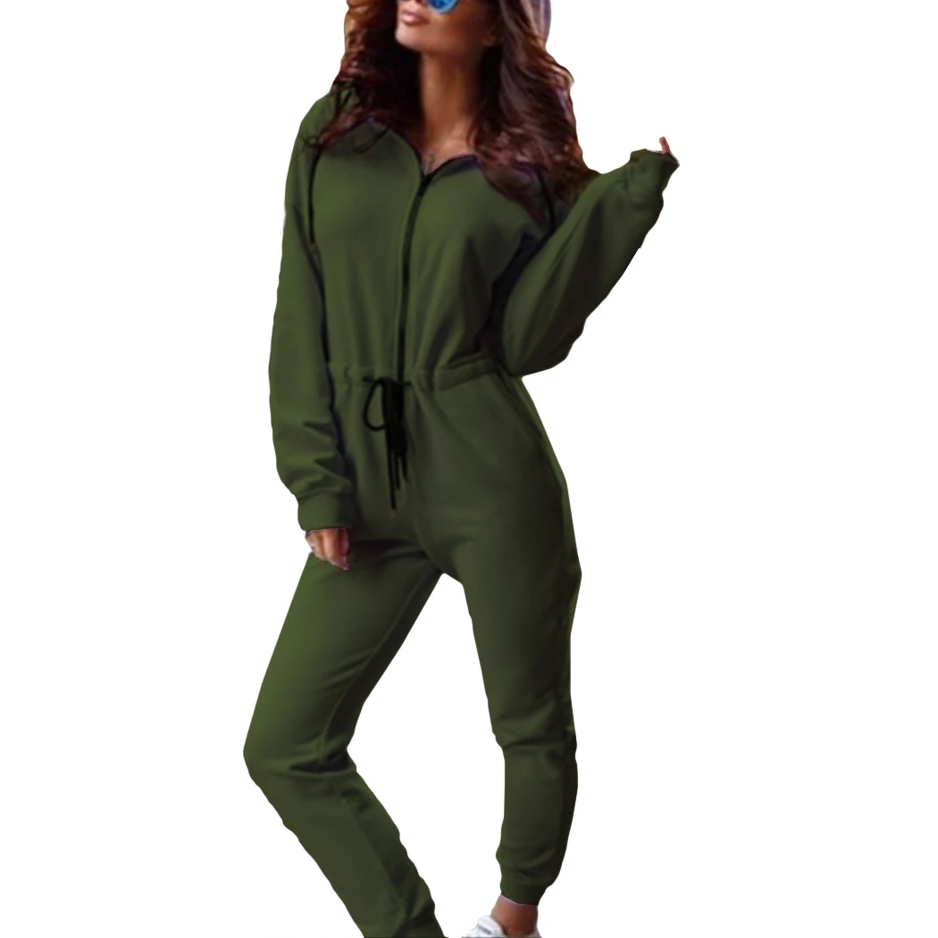 Army Green Женские комбинезоны, спортивный костюм, повседневный комбинезон с длинным рукавом и капюшоном, длинные штаны для фитнеса, женские комбинезоны с карманами на молнии, спортивная одежда - Цвет: Army Green
