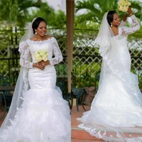 plus size wedding gowns mermaid 2021 elegant beaded lace long sleeve organza tiered skirt bridal dresses vestidos de novia