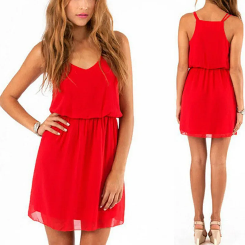 Women Summer Dress V-Neck Spaghetti Strap Casual Mini Boho Beach Red Black Sundress |