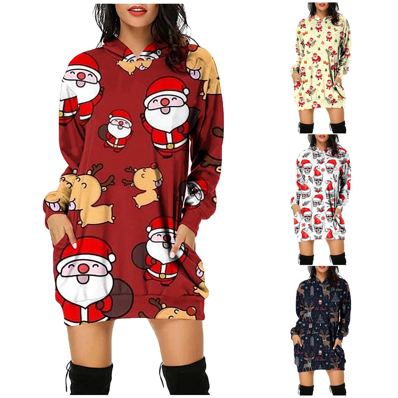 

Party Dresses For Women Christmas Long Sleeve Bag Hip Pocket Cartoon Print Casual Sexy Plus Size Hooded Pullover Female Vestidos