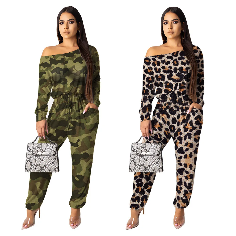 Повседневный комбинезон с леопардовым принтом круглым вырезом длинными