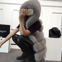 2020 winter sleeveless faux fur coat with hood gilet artificial fox fur jacket female solid color loose fur warm vest for women