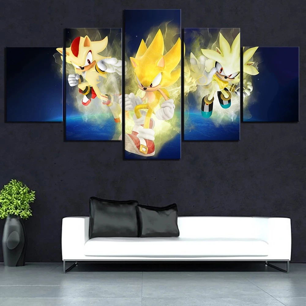

No Framed Canvas 5 Pieces Cuadros Super Sonic Cartoon Game HD Wall Art Posters Pictures for Living Room Home Decor Paintings