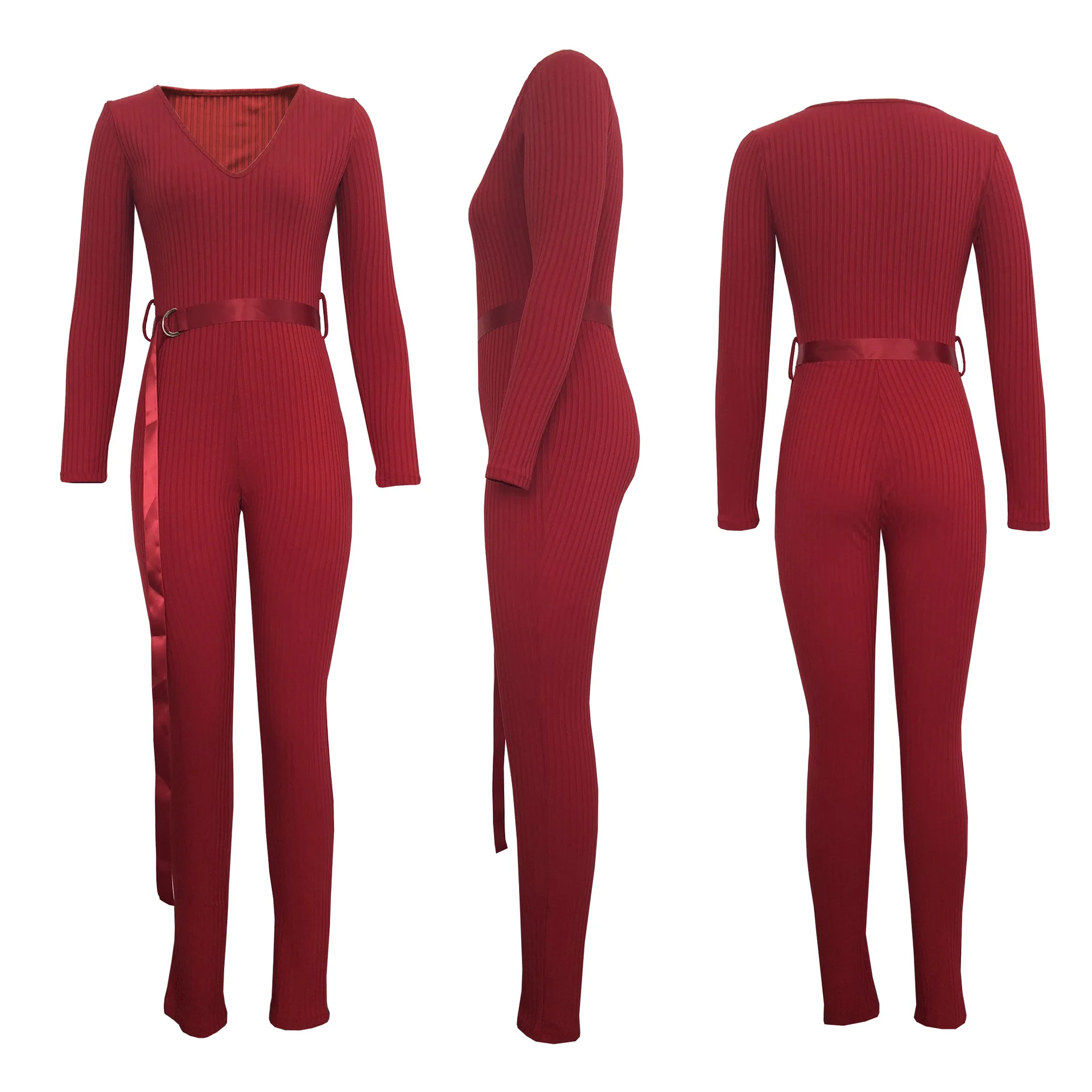 

Fashion Sexy Rib Knitted Women Jumpsuits Deep V Full Sleeve Sashes Bandage Solid Casual Overalls Plus Size Club Sexy Romper
