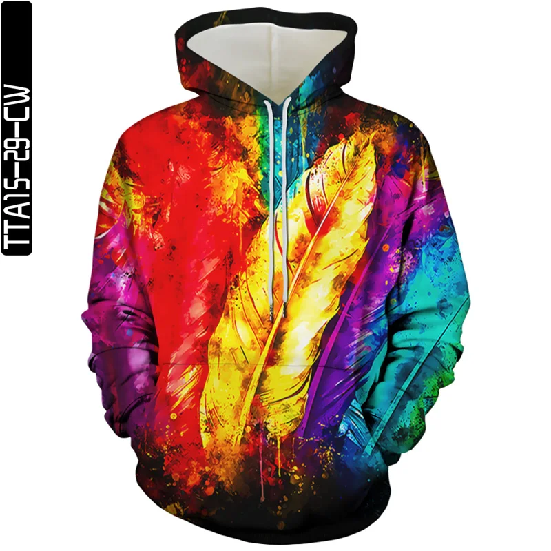 

2021 Autumn new men's hoodie long sleeve 3D printing feathers sweatshirt pullover lightweight hoodies couple fashion tops