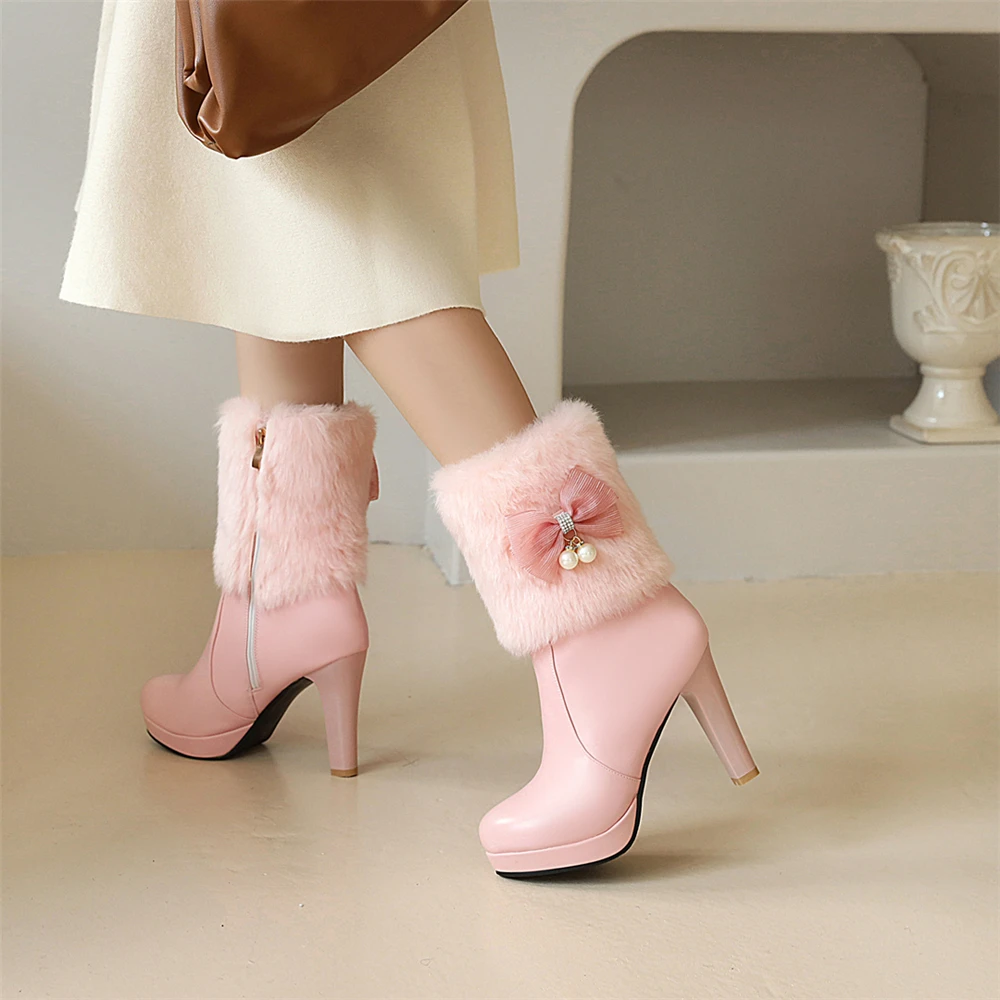 Женские зимние модные ботинки на высоком каблуке с теплым мехом Модель 2020 года