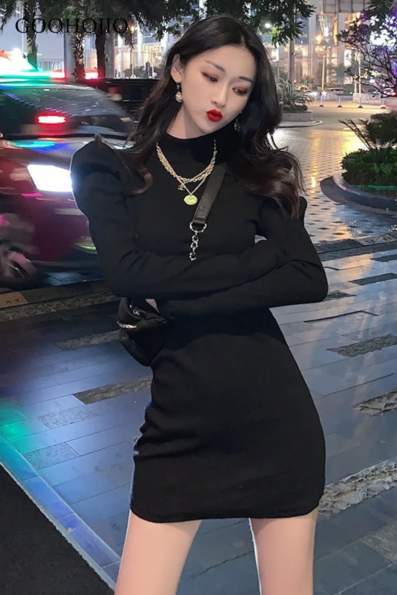 

GOOHOJIO 2021 Long Sleeve Ruched Pure Sexy Mini Dress Autumn Winter Women Streetwear Party Outfits Clubwear Sexy Turtlneck Dress