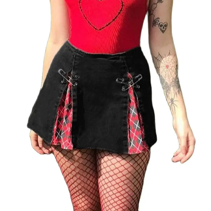 

Gothic Plaid Stitching Mini Skirt Women Grunge Fashion Y2k High Waist Pin Decoration Sexy A-LINE Skirt E-girl Night Clubwear