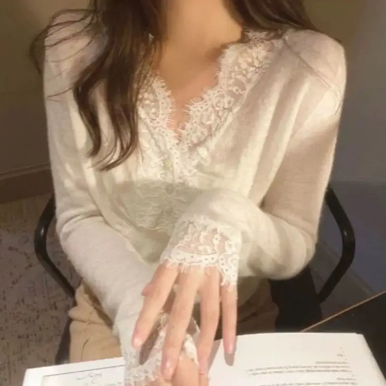 Двусторонняя плюшевая рубашка с V образным вырезом кружевная простроченная