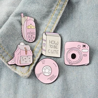 backpack book camera mobile phone cd enamel pin custom badges pink girl brooches lapel pins denim shirt collar jewelry gift kids