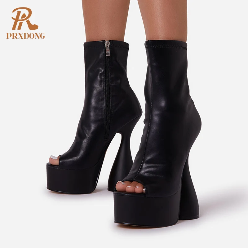 

Sexy Women Ankle Boots High Qulaity Micofiber Leather High Heels Platform Black Apricot Dress Party Spring Summer Short Boots 42