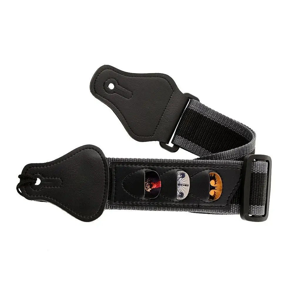 

Acoustic Bass Guitar Strap W/3 Pick Holders Leather Ends Black Useful