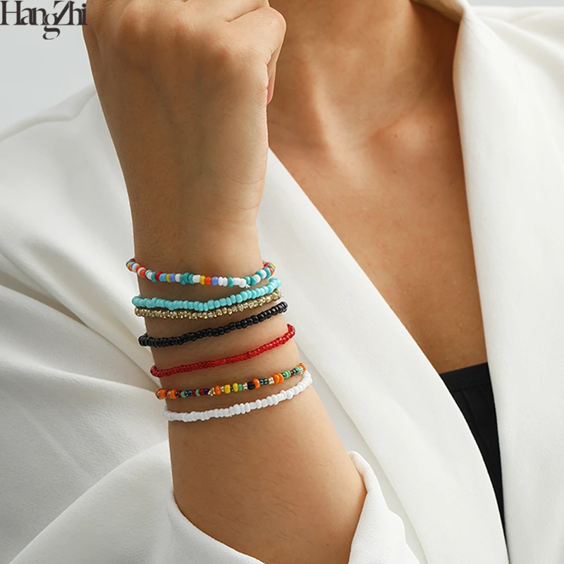 

HangZhi 2020 New 7Pcs/Set Simple Fashion Multicolor Boho Handmade Elastic Seeds Beaded Bracelets for Women Jewelry Personality