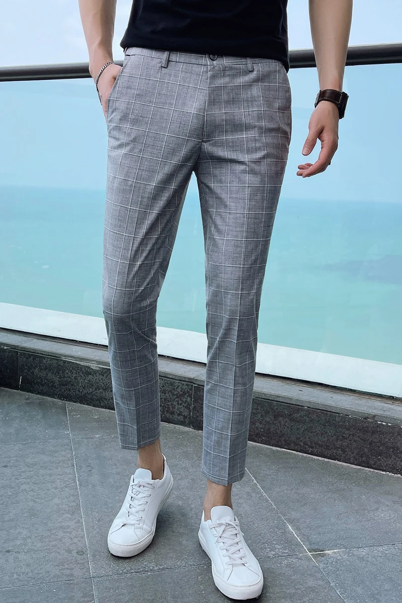 

Korean Men's Dress Pants Fashion Plaid Stripe Casual Slim Fit Office Pants Pantalon Classic Retro Plaid Suit Pant Wedding Pants