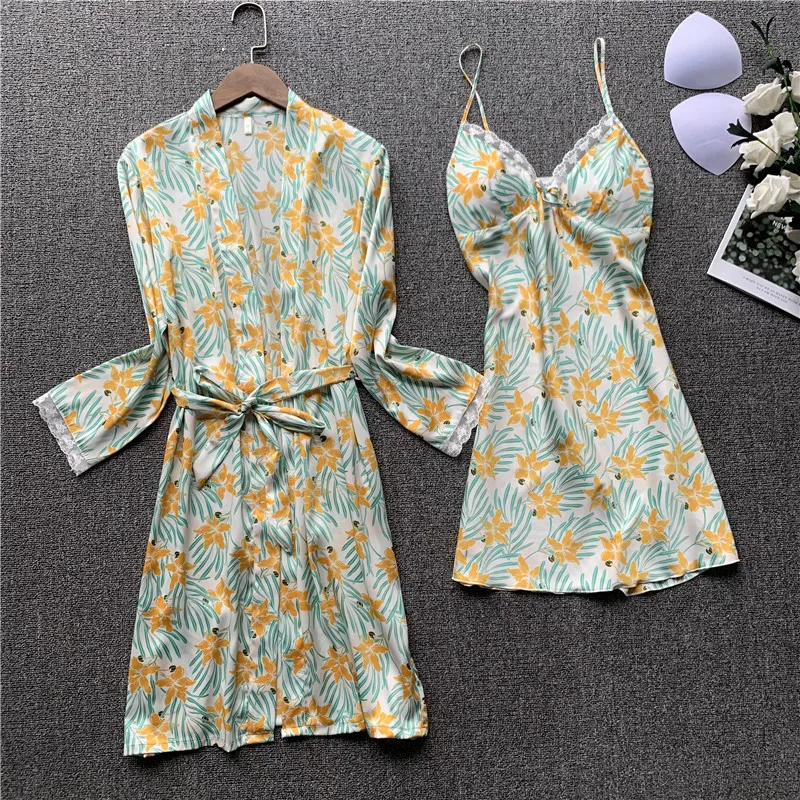 Women Satin Sexy Pajamas Sets Ladies Nightgown Print Two-pieces Silk Sleepwear Robe+Nightdress Lounge Pijama | Женская одежда