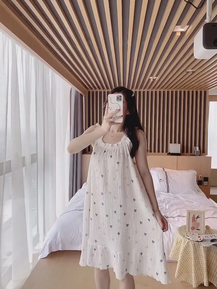

2022 New Elegant Nightdress Ladies Summer Pure Cotton Thin Section Pajamas Loose Sweet And Lovely Long Dress Home Service