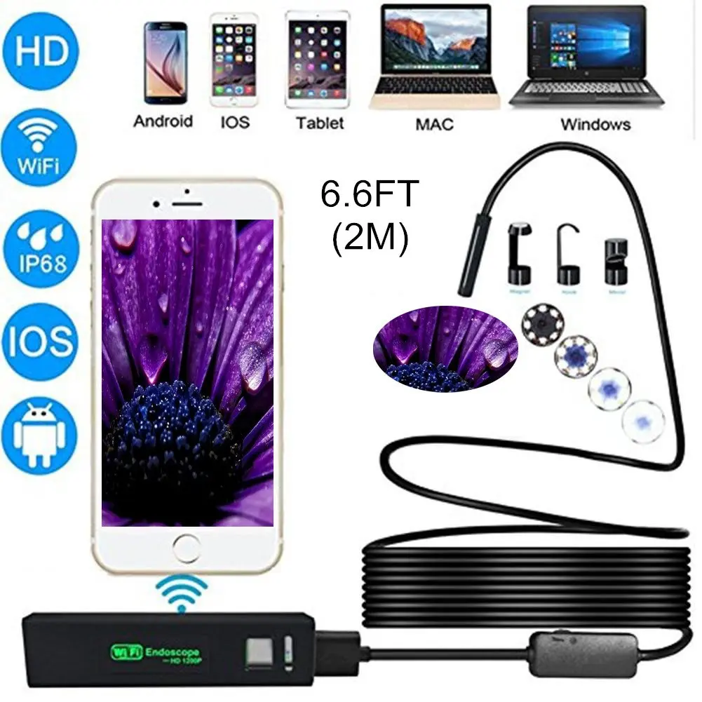 Wi Fi эндоскопическая камера HD 1200P 2 10 м миниатюрный водонепроницаемый жесткий