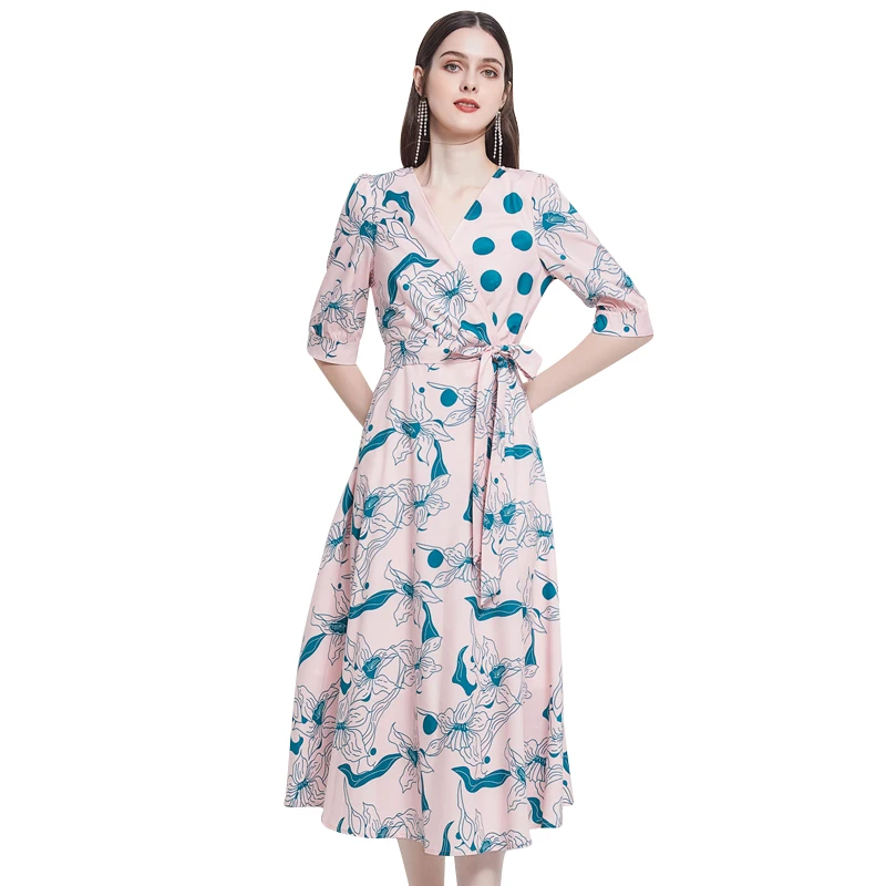 

COIGARSAM Polka Dot Women dress New Print High Waist V-Neck Dresses Pink With Belt Qi Yards 3663