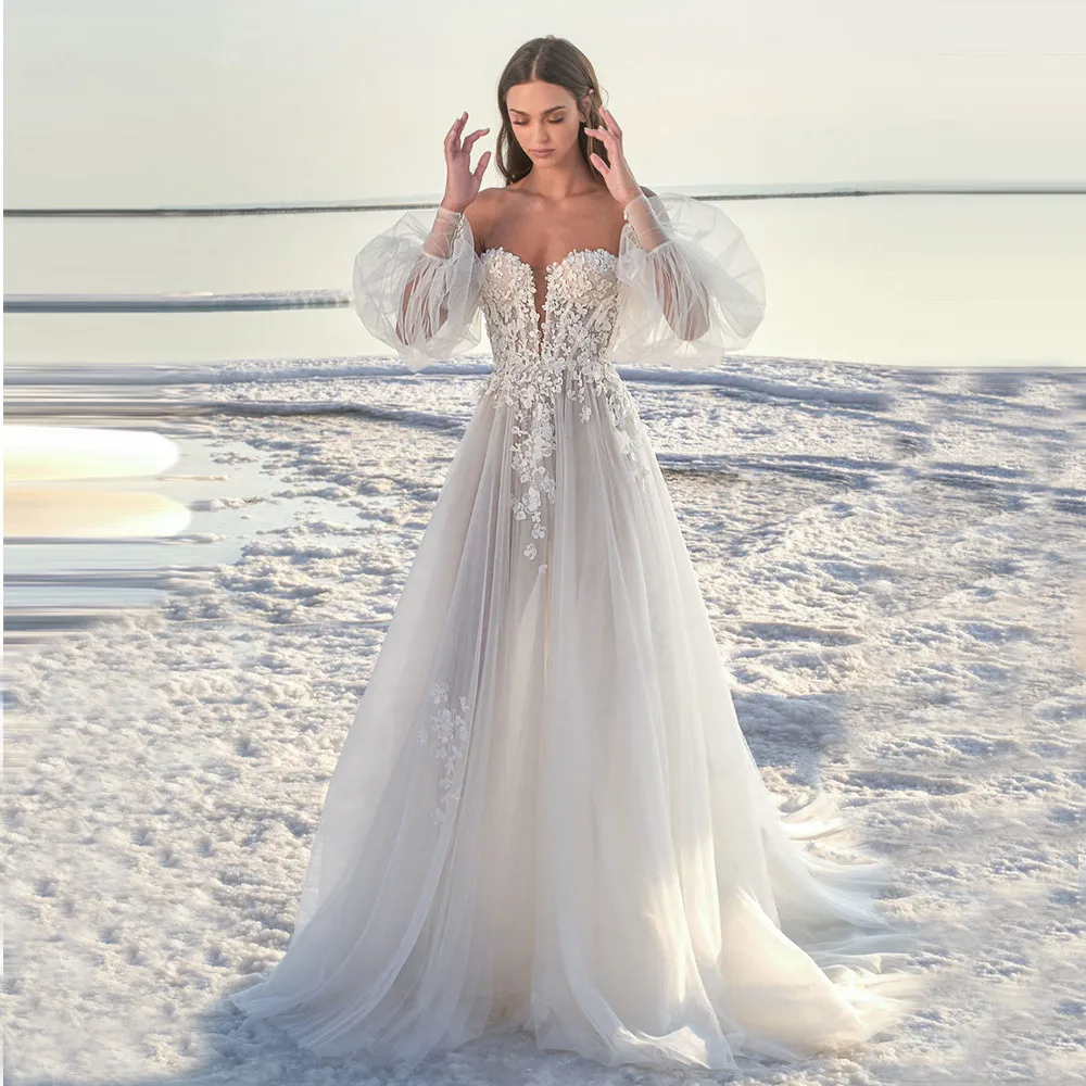 

DREAM Boho A-Line Tulle Wedding Dress 2023 Long Puff Sleeves Floral Appliques Beach Off Shoulder Bride Gowns Sweep Train