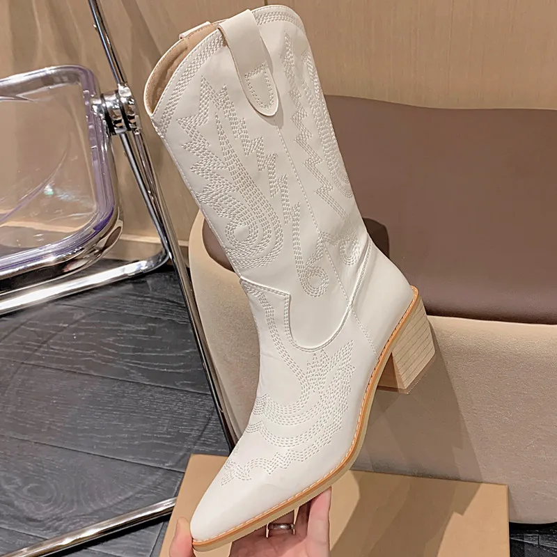 

EshtonShero Women's Long Western Boots Soft Leather Winter Shoes Thick High Heels Platform Fashion Ladies Mid Calf Boots