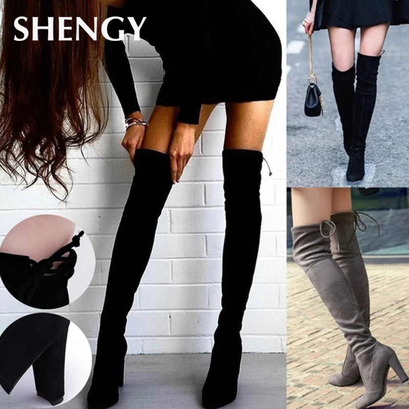 Women Long Boots Sexy High Heels Suede Lace Up Over The Knee Boots Autumn Winter Warm Shoes Female Slim Thigh High Boots Party