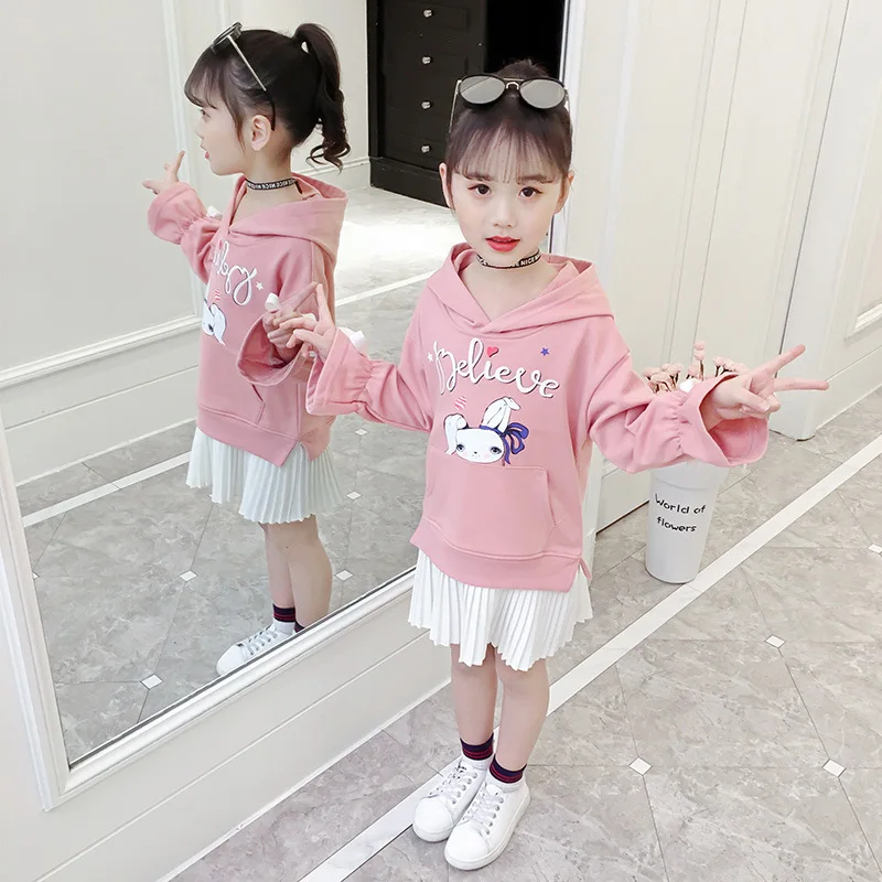 2019 Autumn Children's Fashion Casual Sweatshirt Hoodies Gilrs Long Sleeve Pleated Skirt Cute Coat Tops Sweater | Мать и ребенок