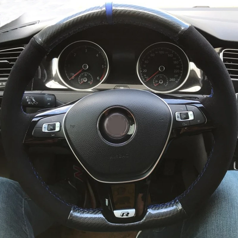 Сшитая вручную черная оплетка рулевого колеса из углеродной замши для Volkswagen VW Golf