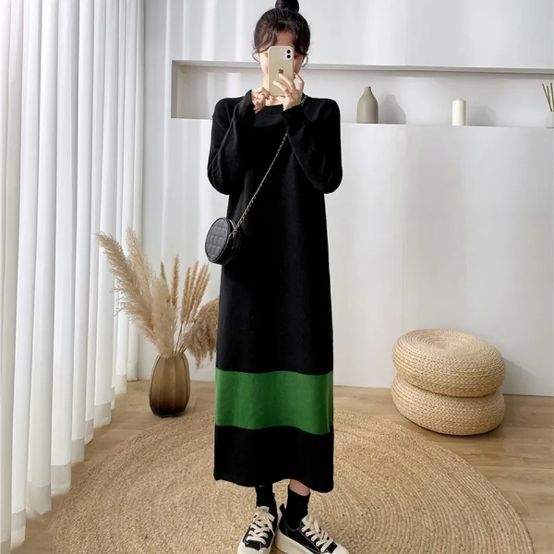 

Новинка Осень-зима 2021, стильное длинное платье-свитер выше колена, модное вязаное платье с подбором цветов