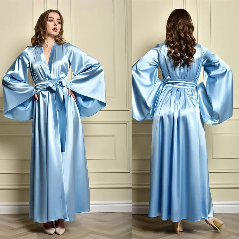 

Light Blue Silk Dressing Gown Evening Party Wear Women Kimono Gown Wedding Bathrobe Boudoir Sleepwear Lingerie Lounge Nightwear