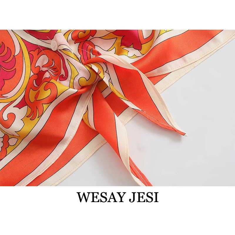 

WESAY JESI Women 2021 Fashion With Bow Tied Totem Print Asymmetry Blouses Vintage Long Sleeve Button-up Female Shirts Chic Tops