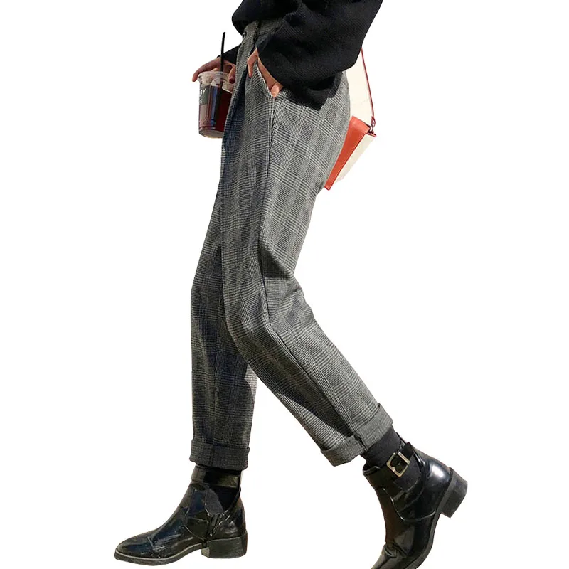 WQJGR осенние и зимние женские брюки до щиколотки с высокой талией клетчатые