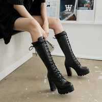 autumn and winter new knee length boots high heels thick heels knight boots lace up boots sweet boots