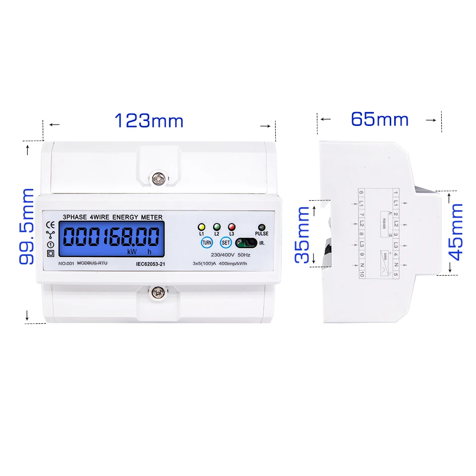DIN Rail Мощность метр 5-100A 380V RS485 Modbus-Rtu ЖК-дисплей цифровой измеритель кВтч