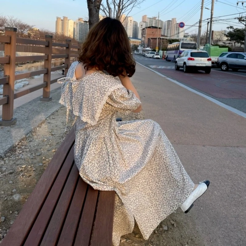 

2021 Summer Woman Sweet Peter Pan Colar Short Sleeve Mori Girl Dress Korean Chic High Waist Loose Floral Dress Boho Cottagecore