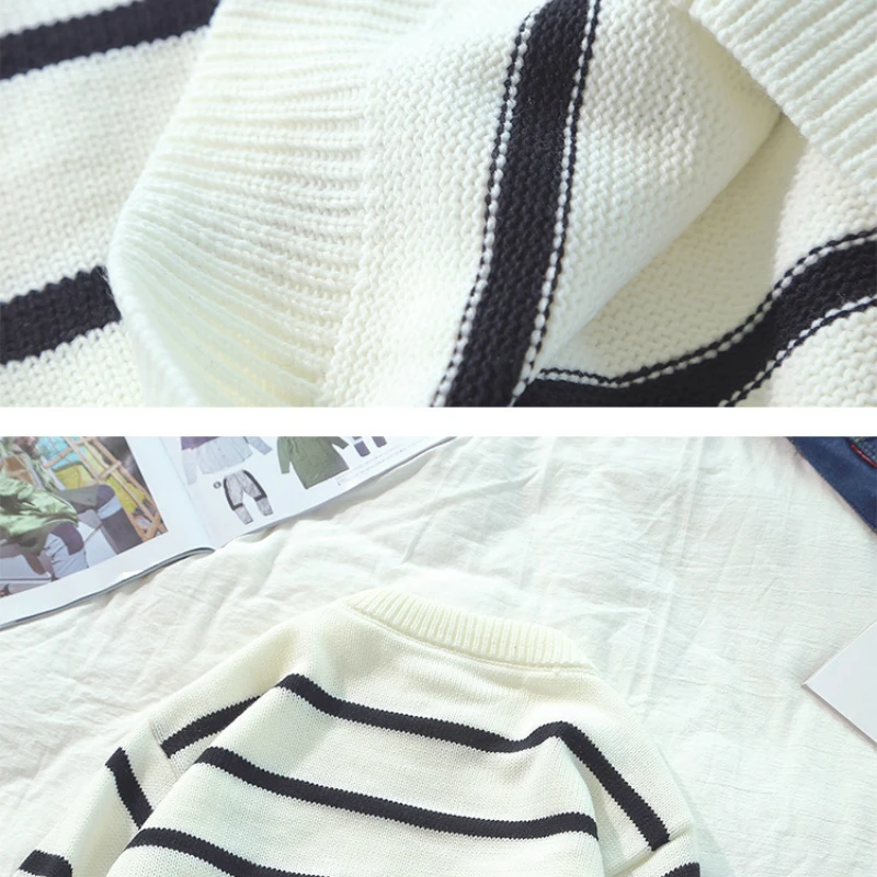 

Men Pullovers Sweater Warm Soft Elastic Males Leisure Chic Striped Trendy All-match Student Knitted Korean Style Loose Street