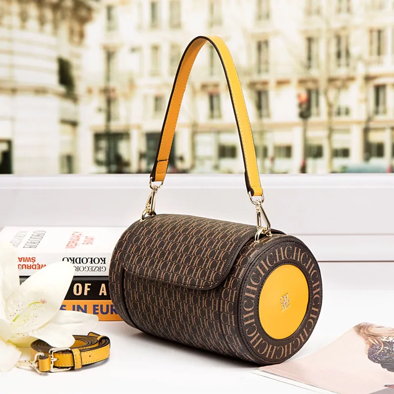 

100% First Layer Cowhide Retro Cylindrical Bags for Women 2021 New Famous Designer Printed Letter CH Shoulder Messenger Bag Sac