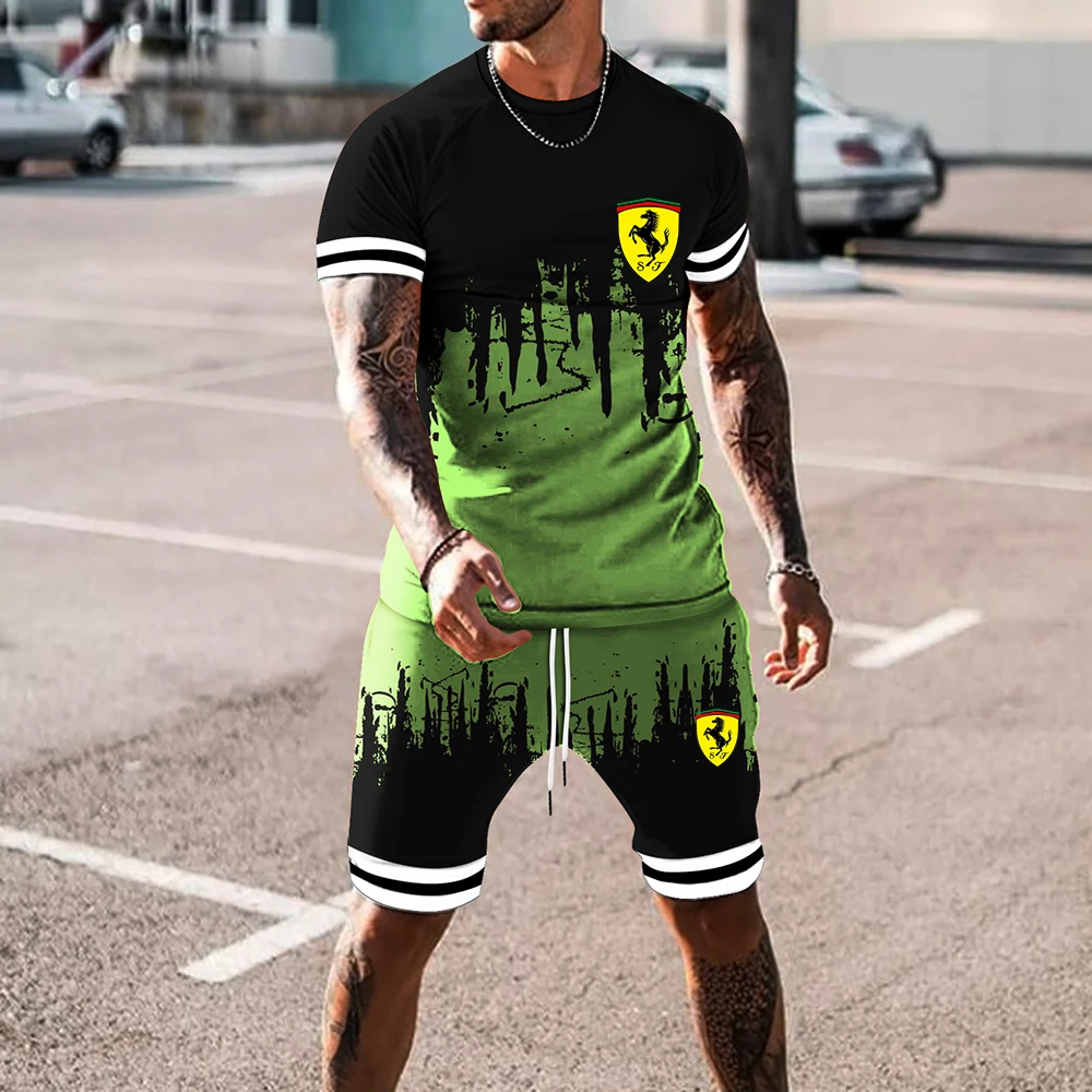 

Summer New Color Matching Ferrari 3D Printing Men's Oversized Loose T-shirt + Beach Shorts 2-Piece Fashion Hip-Hop Streetwear