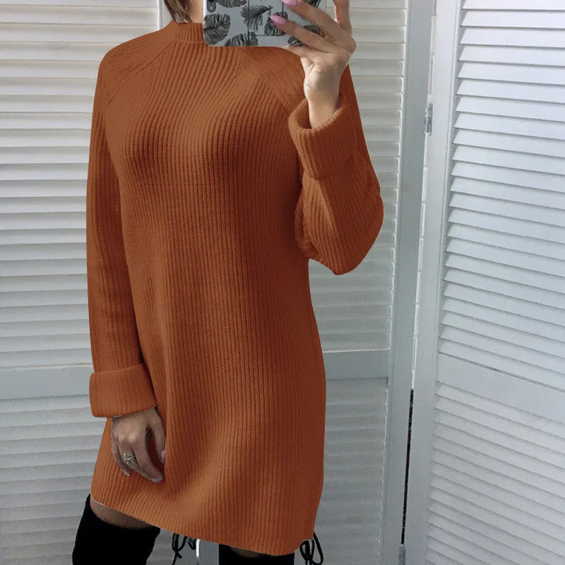 

2021 Autumn Winter New Elegant Fashion Turtleneck Long Sleeve Women's Mini Dress Casual loose Solid Ladies Knit Dresses
