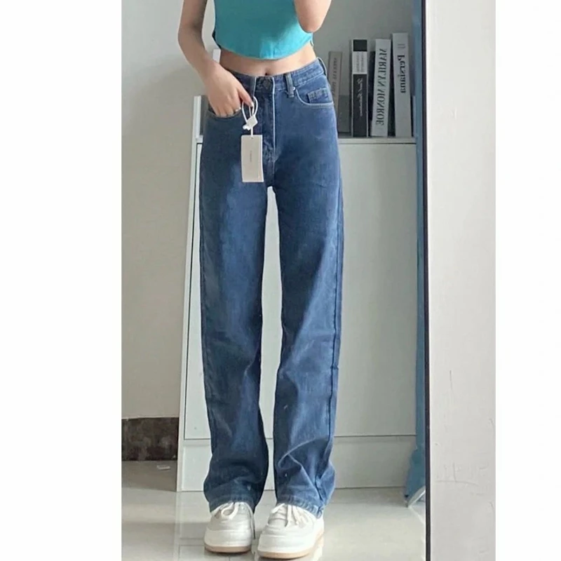 

Blue Jeans Woman High Waist Denim Trousers Streetwear Aesthetic Pants Pockets Jean Vintage Clothes Cute Straight Leg y2k Jeans