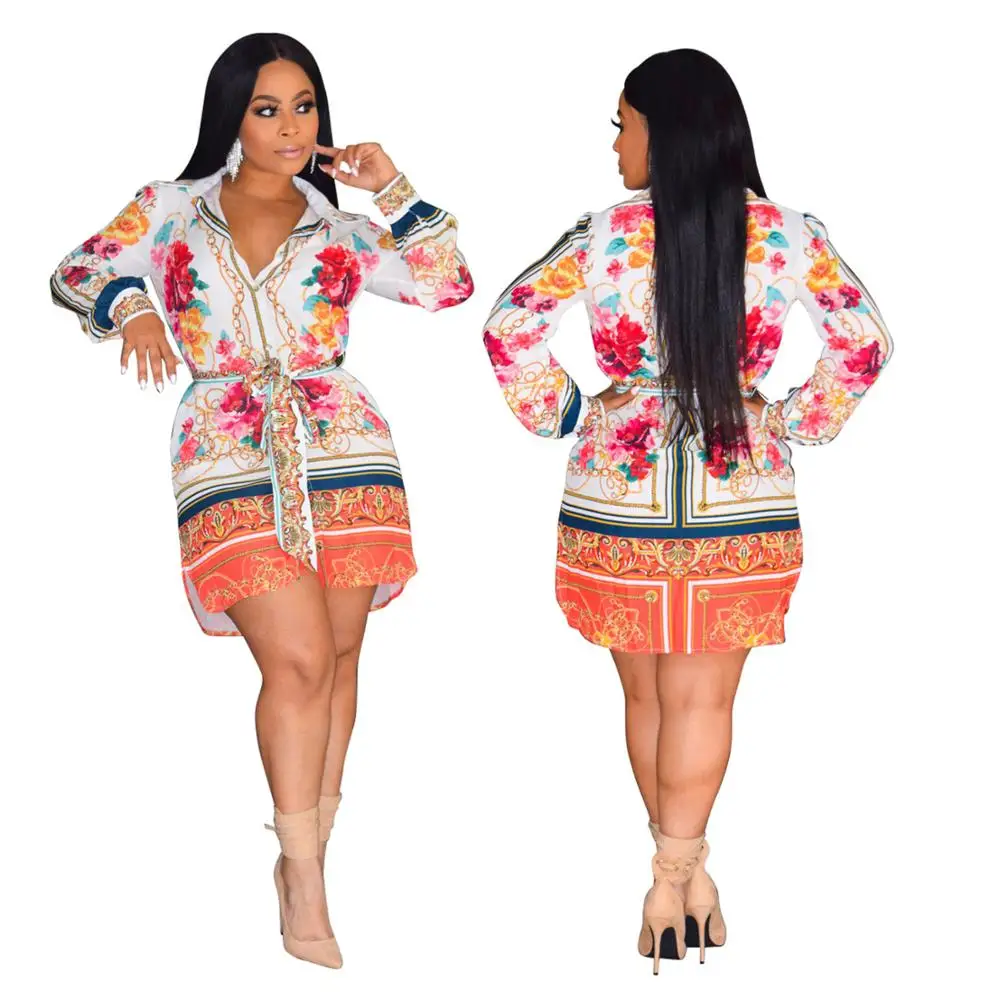

New Arrival Lady Full Sleeve Turn-down Collar Full Sleeve Sashes Mini Dresses Vintage Lady Floral Printing Shirt Dress Plus Size