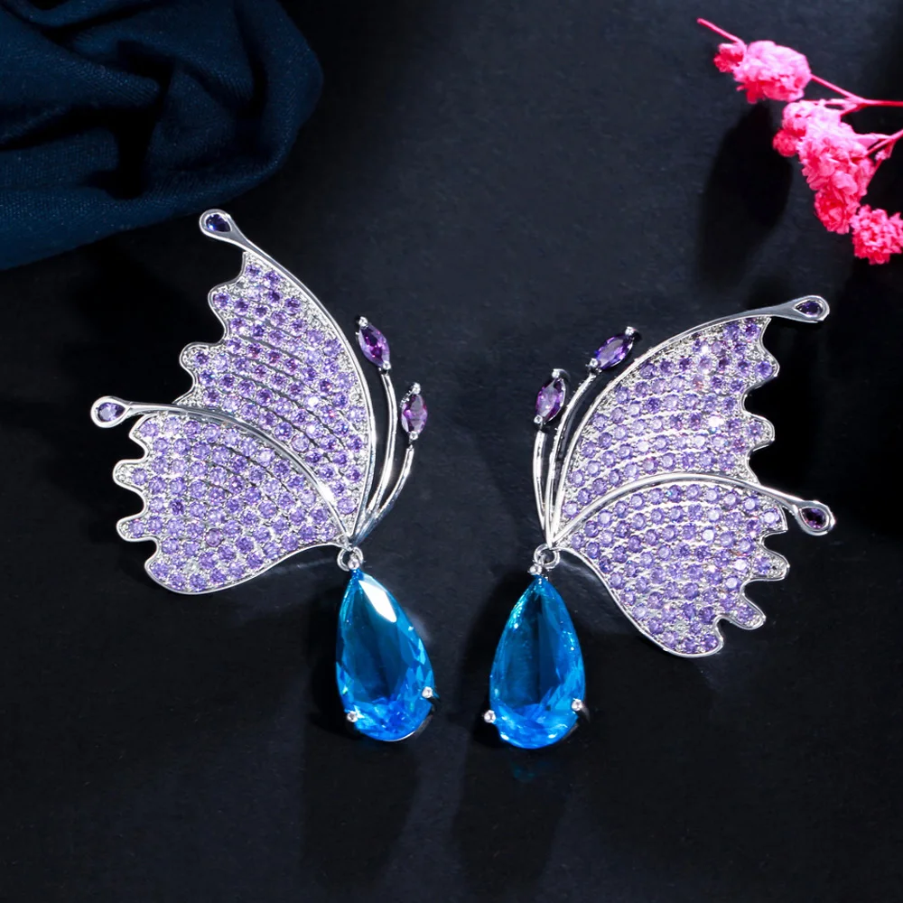 CWWZircons Micro Pave Purple Cubic Zirconia Stone Dangle Drop Luxury Big Butterfly Wing Earrings for Women Jewelry Gift CZ075