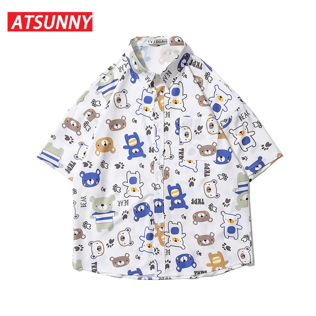ATSUNNY Bear Print Short Sleeve Shirt HipHop Streetwear Casual Shirt Man Summer Fashion Hawaiian Shirts Tops