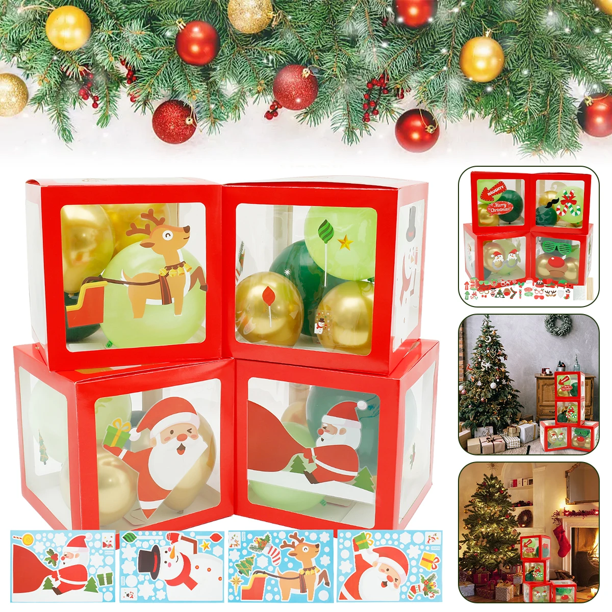 

Christmas Balloons Boxes with Christmas Pattern Sticker Transparent Balloon Box Durable Decoration for Xmas Decor Party Supplies