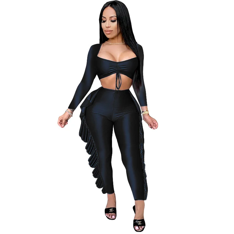 

Женский однотонный костюм из двух предметов с длинным рукавом и брюками