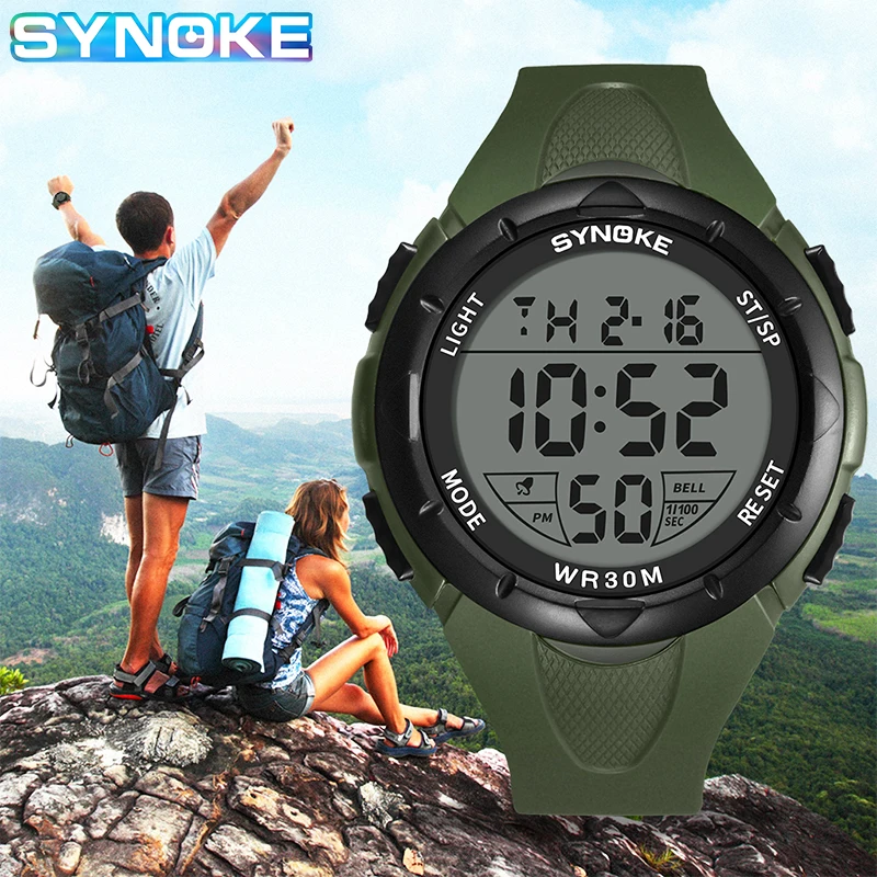 

Часы наручные SYNOKE мужские с будильником, спортивные светодиодсветодиодный цифровые в стиле милитари, с большим циферблатом и секундомером