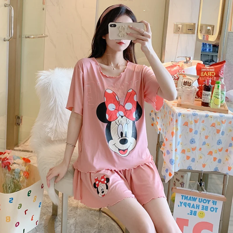 Disney Anime Minnie Mouse Daisy Cute Kawaii Pijama Mujer Verano with Shorts Loose Soft 2 Piece Set Sleepwear Women Home Suit