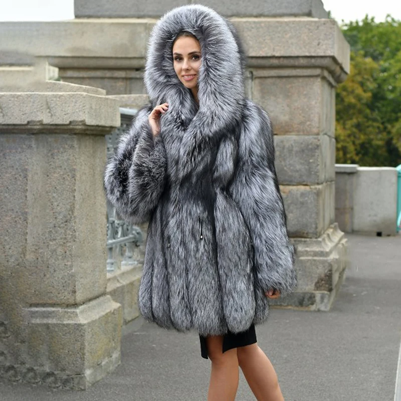 Fashion Medium Length Real Fox Fur Coat With Hood Thick Warm Natural Whole Skin Genuine Silver Fox Fur Coat Trendy Woman Outwear