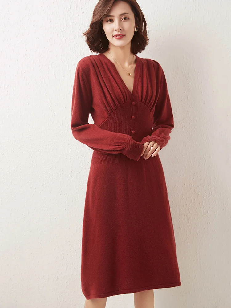 LONGMING 100% Wool Sweater Dress V-neck Women Knitted Long Dress Female Pullover Dresses Long Sleeve Solid Elegant Kint Dress